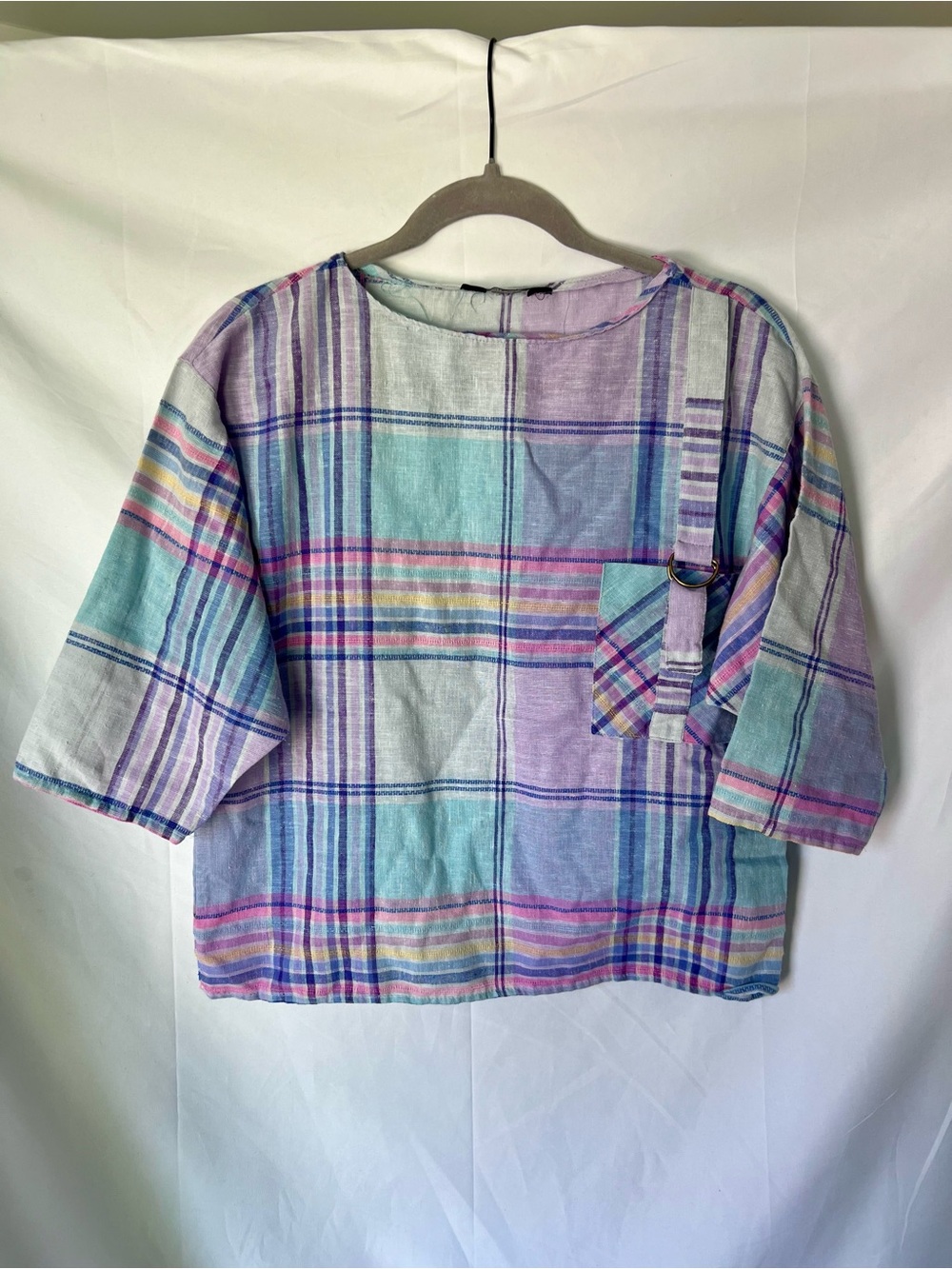 Women’s Vintage PIERRE CARDIN Paris Linen Pastel Plaid Pocket Blouse